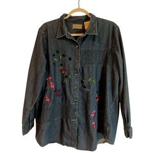 Vintage style Madison Avenue Denim Shirt Women's XL Embellished Floral Button Up